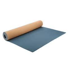Load image into Gallery viewer, Partially rolled up extra long, extra thick cork mat with the blue rubber side showing