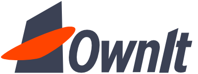 The OwnIt Logo is two fun shapes: an oblong orange shape is over a dark gray-blue shape that's a bit like a mountain