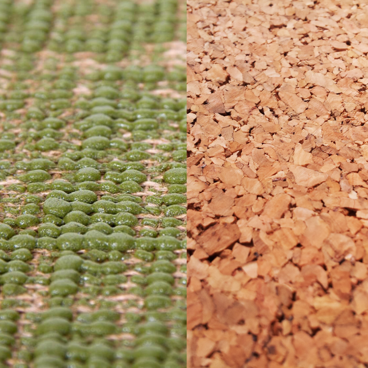 Close up of a green jute exercise mat in the left half of the image and a close up of a cork exercise mat in the right half